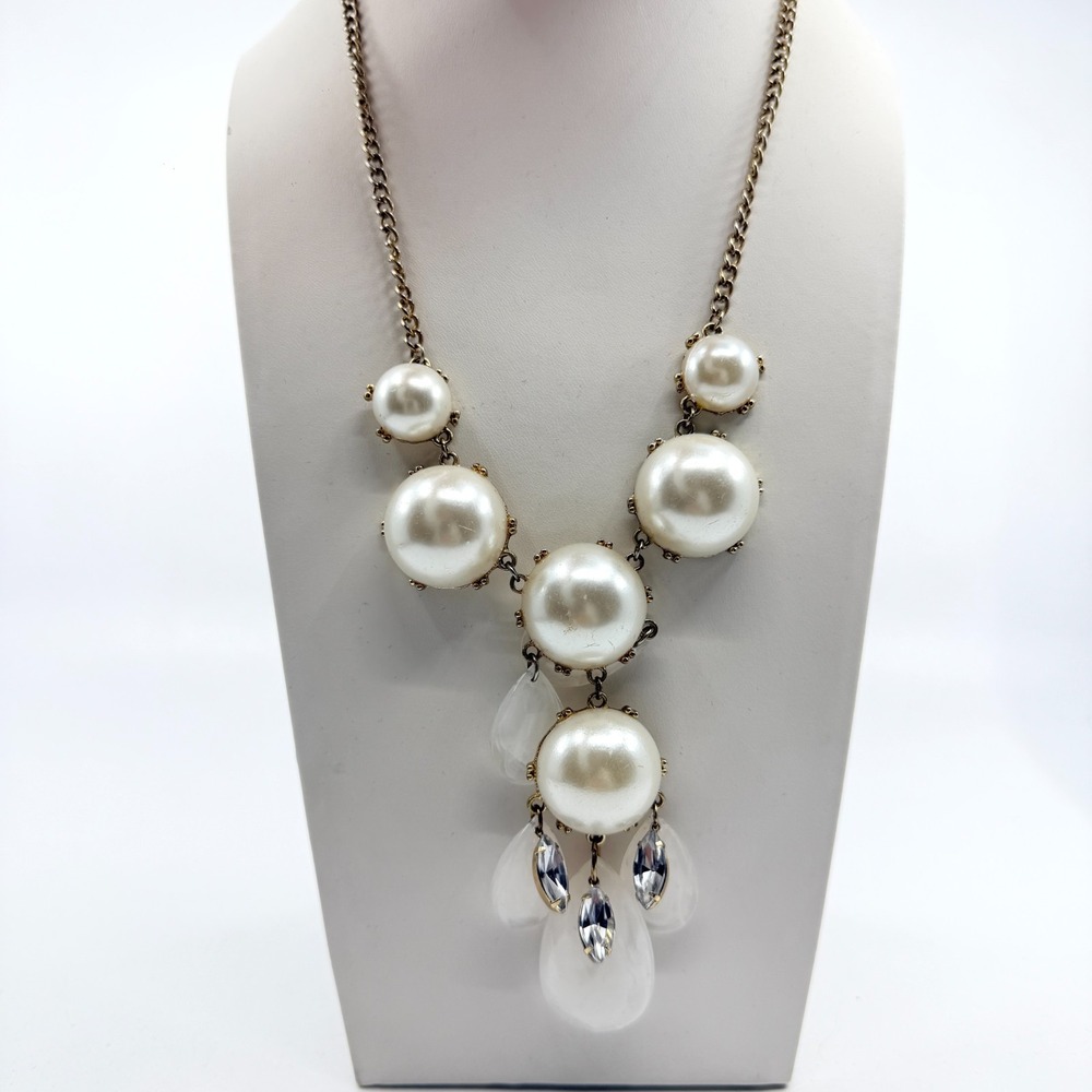 Vintage Glam Faux Pearl Crystal Bib Necklace Gold Tone Retro Statement